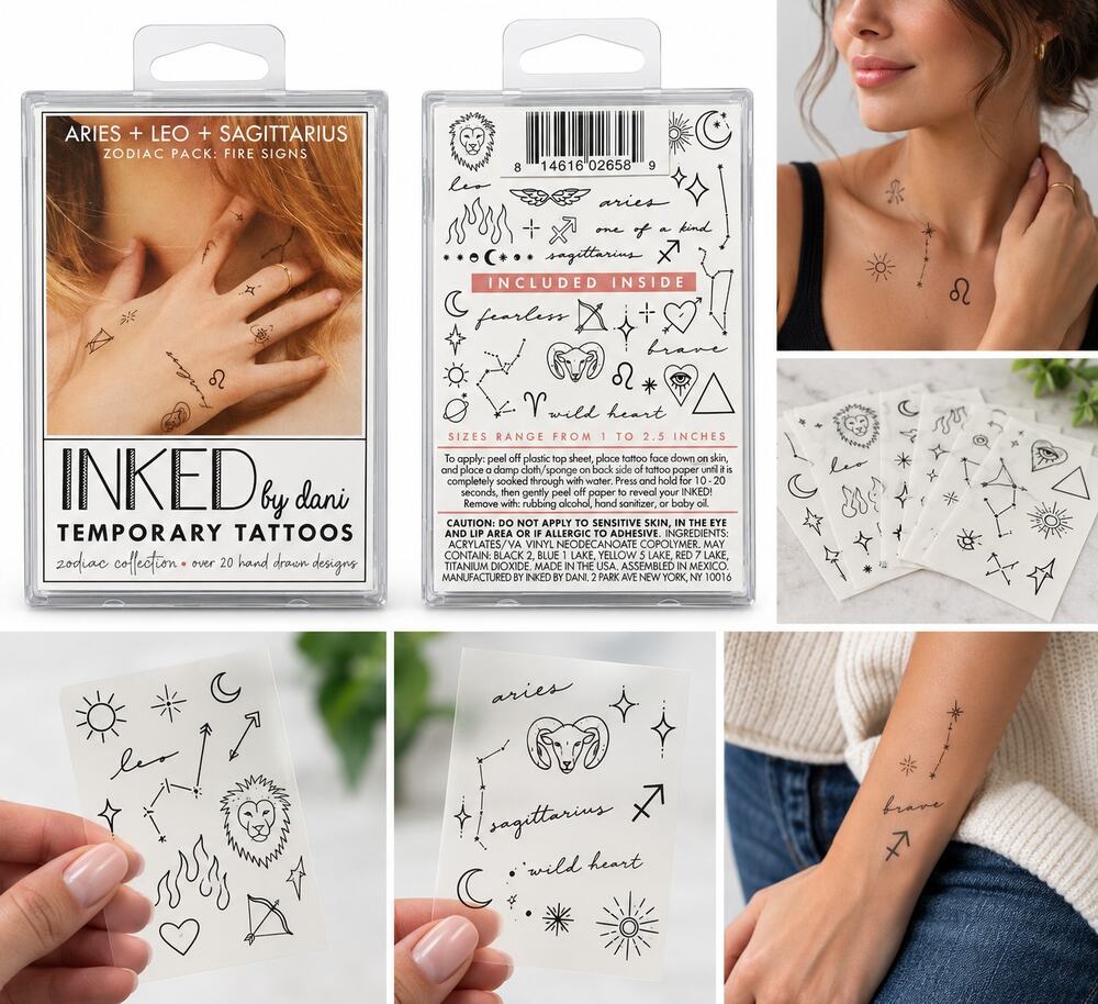 INKED by Dani Fire Signs Zodiac Temporary Tattoos – Aries Leo Sagittarius